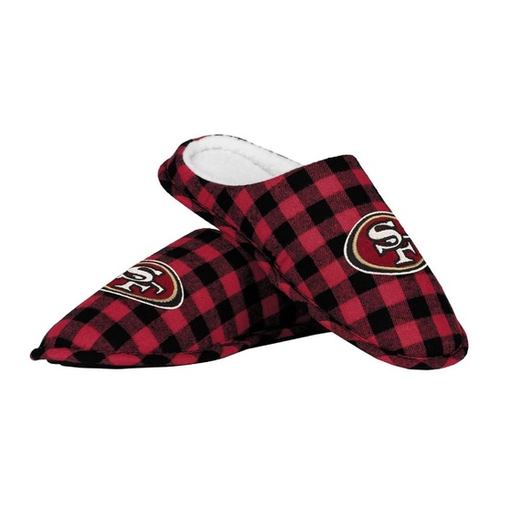 NFL San Francisco 49ers Niners Sherpa Lined Buffalo Check Memory Foam Slippers - Picture 2 of 4